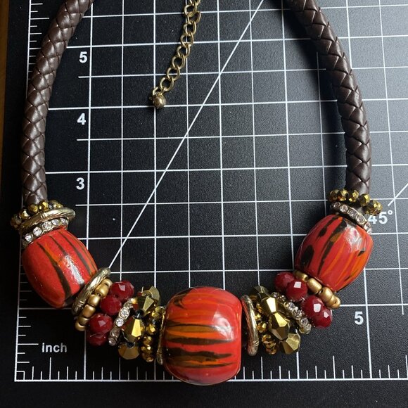 Chunky Choker Necklace Red Brown Copper Beads Glamour Braided Leather 17-20" - Picture 8 of 8